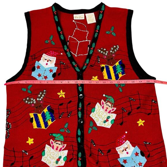 Vtg Christmas Sweater Vest Elf Santa Reindeer Music Beaded Sz XL Bobbie Brooks - Picture 3 of 16